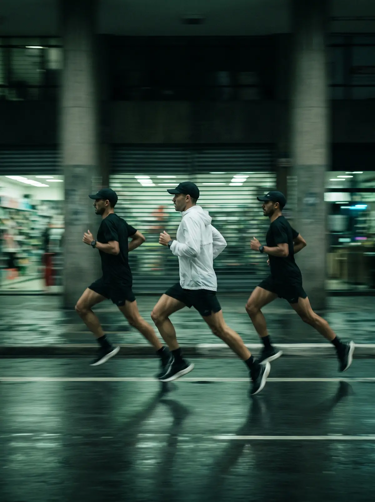 Três corredores lado a lado na rua, em motion blur